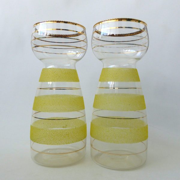 Vintage 1950s pair yellow sugar frosted glass hyacinth bulb vases, gold bands - Image 4