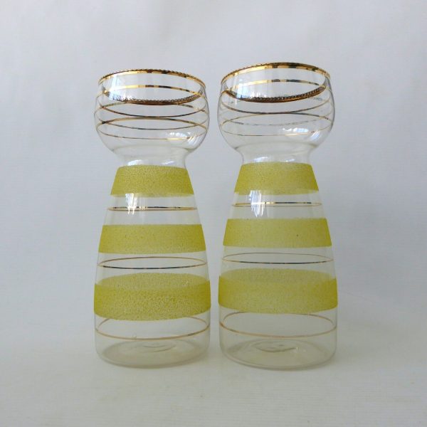 Vintage 1950s pair yellow sugar frosted glass hyacinth bulb vases, gold bands - Image 5