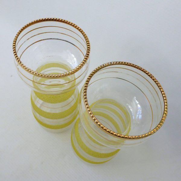 Vintage 1950s pair yellow sugar frosted glass hyacinth bulb vases, gold bands - Image 6