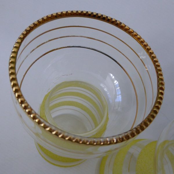 Vintage 1950s pair yellow sugar frosted glass hyacinth bulb vases, gold bands - Image 7