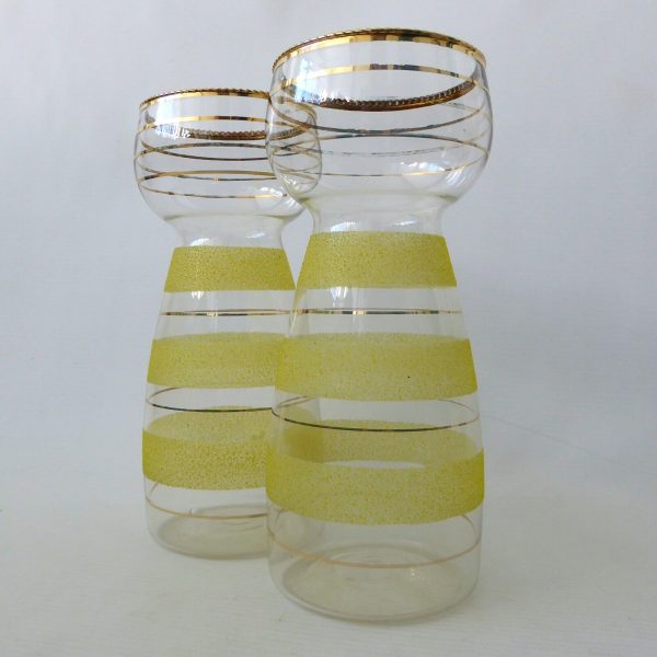 Vintage 1950s pair yellow sugar frosted glass hyacinth bulb vases, gold bands