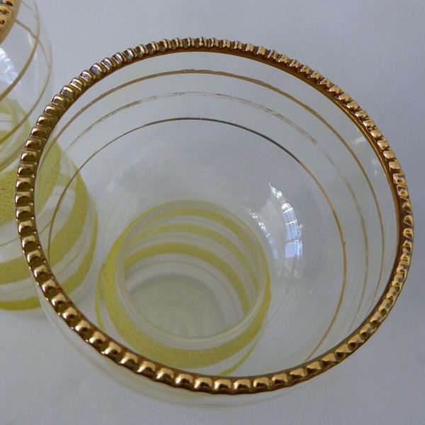 Vintage 1950s pair yellow sugar frosted glass hyacinth bulb vases, gold bands - Image 8