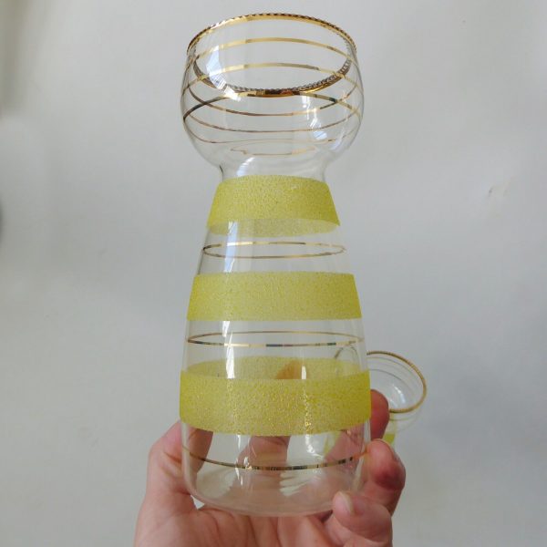 Vintage 1950s pair yellow sugar frosted glass hyacinth bulb vases, gold bands - Image 10