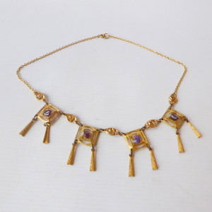 Vintage 1960s 1970s gold tone & amethyst stone necklace. Dangle Brutalist retro