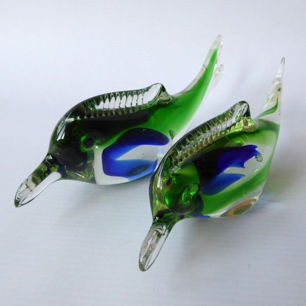 Vintage 2 art glass fish ornaments paperweights, Green blue Murano style dolphin - Image 12