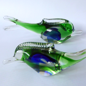 Vintage 2 art glass fish ornaments paperweights, Green blue Murano style dolphin