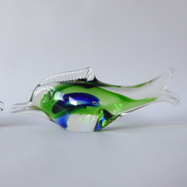Vintage 2 art glass fish ornaments paperweights, Green blue Murano style dolphin - Image 5