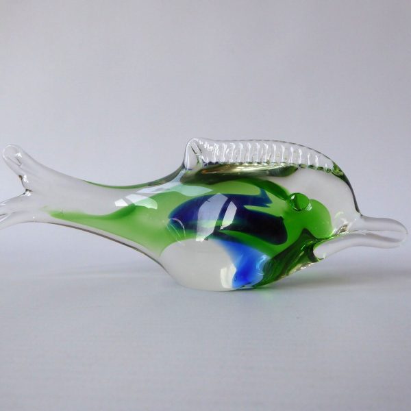 Vintage 2 art glass fish ornaments paperweights, Green blue Murano style dolphin - Image 7