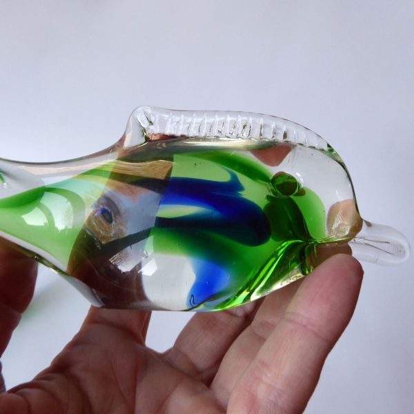 Vintage 2 art glass fish ornaments paperweights, Green blue Murano style dolphin - Image 8