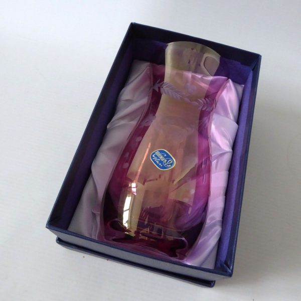Vintage Bohemia Glass boxed pink irridescent pink flash cut vase. Czech + label - Image 3