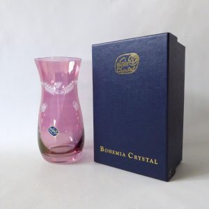 Vintage Bohemia Glass boxed pink irridescent pink flash cut vase. Czech + label