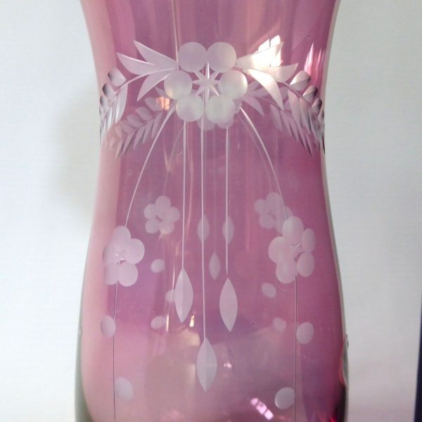 Vintage Bohemia Glass boxed pink irridescent pink flash cut vase. Czech + label - Image 5