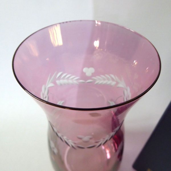 Vintage Bohemia Glass boxed pink irridescent pink flash cut vase. Czech + label - Image 6
