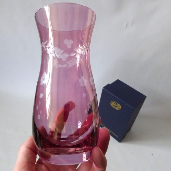 Vintage Bohemia Glass boxed pink irridescent pink flash cut vase. Czech + label - Image 9