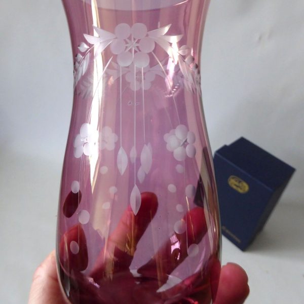 Vintage Bohemia Glass boxed pink irridescent pink flash cut vase. Czech + label - Image 10