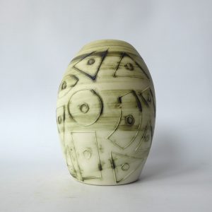 Vintage Carn Pottery big oval vase pot, John Beusmans N30. Green brown wash, 70s