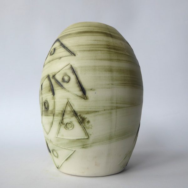 Vintage Carn Pottery big oval vase pot, John Beusmans N30. Green brown wash, 70s - Image 6