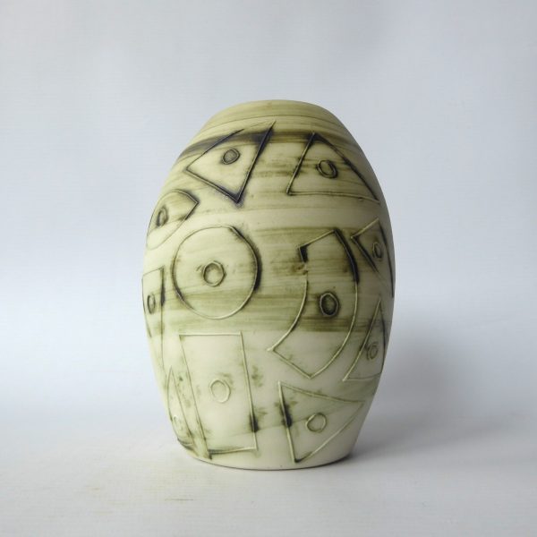 Vintage Carn Pottery big oval vase pot, John Beusmans N30. Green brown wash, 70s