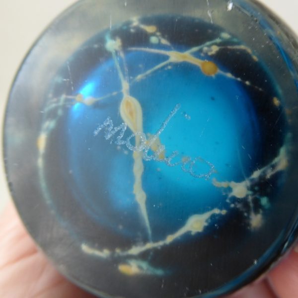 Vintage Mdina turquoise blue, gold trails art glass flared cylinder vase, Malta - Image 12