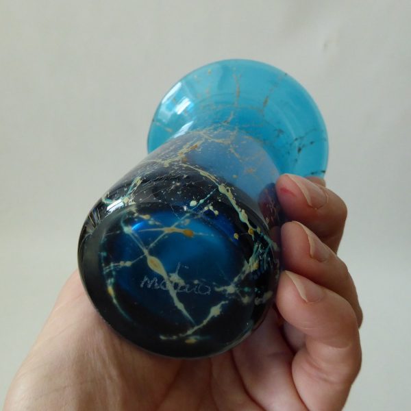 Vintage Mdina turquoise blue, gold trails art glass flared cylinder vase, Malta - Image 13