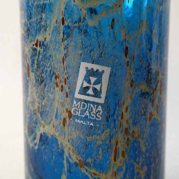 Vintage Mdina turquoise blue, gold trails art glass flared cylinder vase, Malta - Image 3