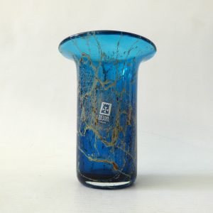 Vintage Mdina turquoise blue, gold trails art glass flared cylinder vase, Malta