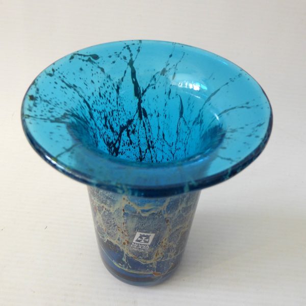 Vintage Mdina turquoise blue, gold trails art glass flared cylinder vase, Malta - Image 5