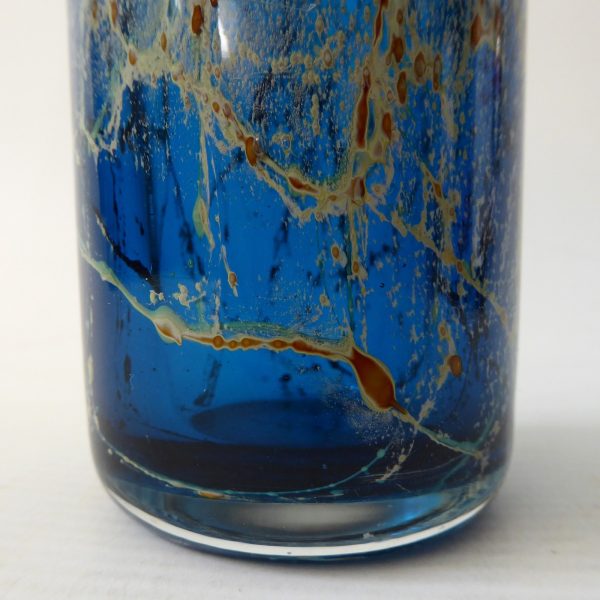 Vintage Mdina turquoise blue, gold trails art glass flared cylinder vase, Malta - Image 6