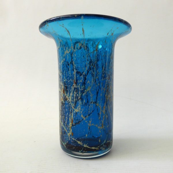 Vintage Mdina turquoise blue, gold trails art glass flared cylinder vase, Malta - Image 7