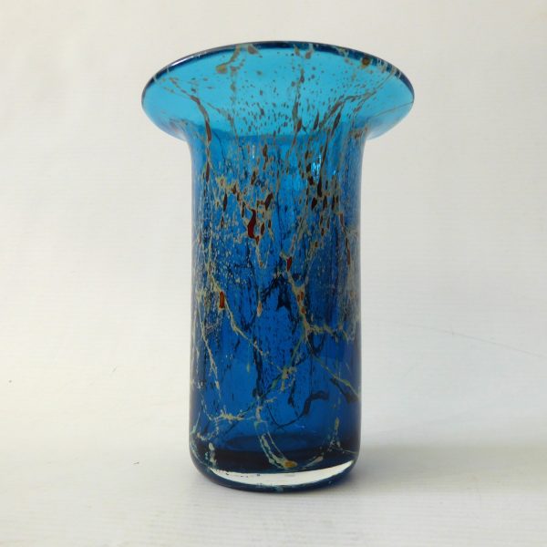 Vintage Mdina turquoise blue, gold trails art glass flared cylinder vase, Malta - Image 8