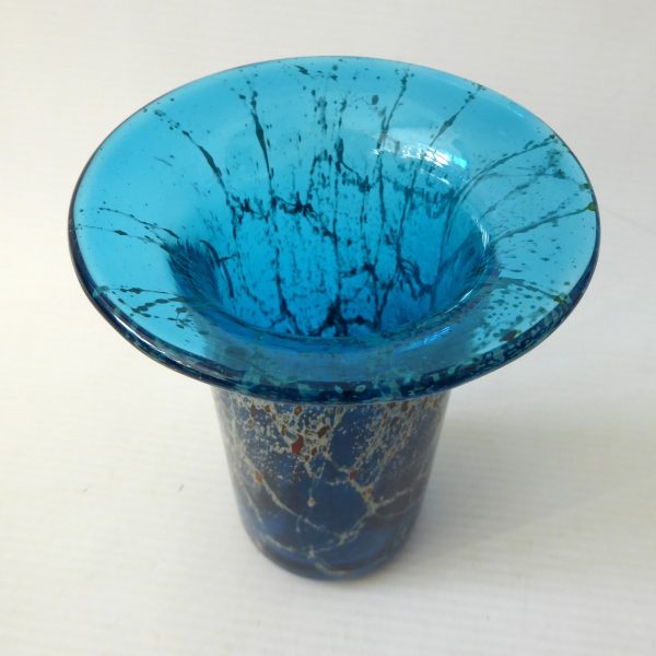 Vintage Mdina turquoise blue, gold trails art glass flared cylinder vase, Malta - Image 9