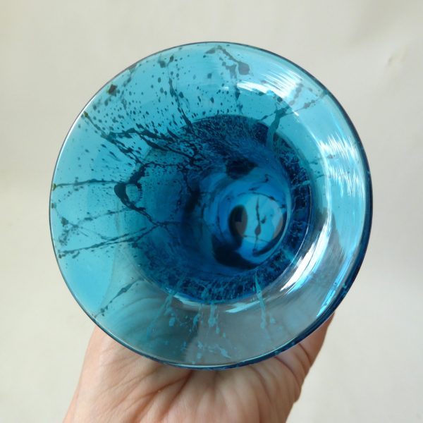 Vintage Mdina turquoise blue, gold trails art glass flared cylinder vase, Malta - Image 10