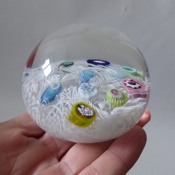 Vintage Strathearn Millefiori art glass paperweight, white lace scramble + canes - Image 16