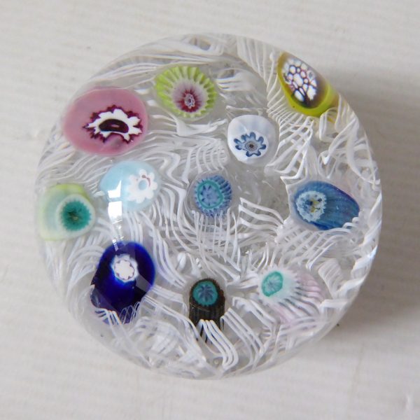 Vintage Strathearn Millefiori art glass paperweight, white lace scramble + canes - Image 3