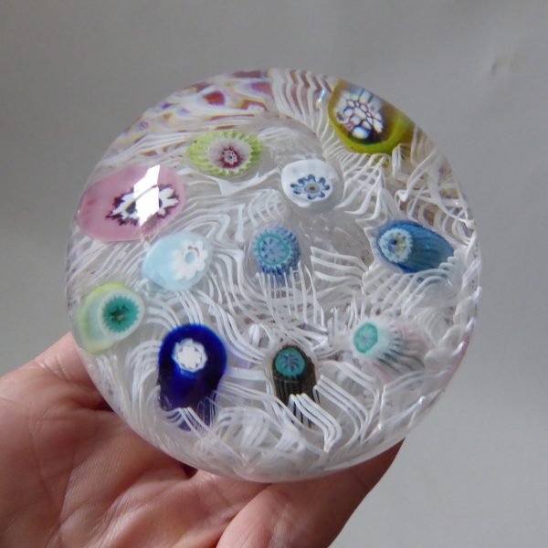 Vintage Strathearn Millefiori art glass paperweight, white lace scramble + canes - Image 4