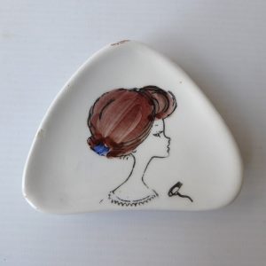 Vintage mid century small Italian pottery ceramic pin dish. Italy signed woman