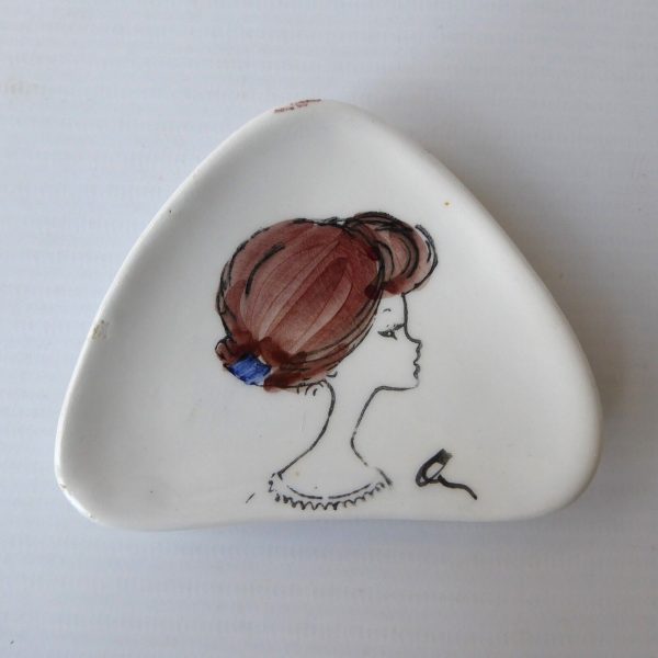 Vintage mid century small Italian pottery ceramic pin dish. Italy signed woman