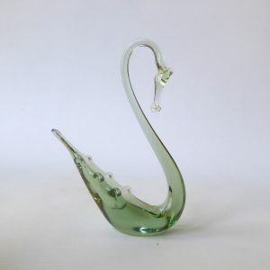 Whitefriars art glass miniature swan figurine sea green. 1950s midcentury figure