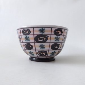 1950s Rye Pottery grid lines small bowl. Vintage black white Pam Goddard. Studio