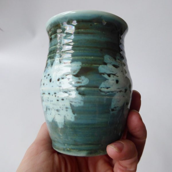 1970s David Sharp Rye Pottery vase, art/studio. Blue green & wax resist flower - Image 11