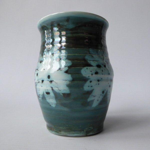 1970s David Sharp Rye Pottery vase, art/studio. Blue green & wax resist flower - Image 3