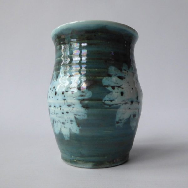 1970s David Sharp Rye Pottery vase, art/studio. Blue green & wax resist flower - Image 4