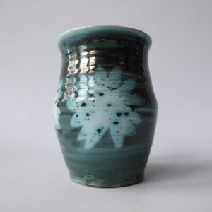 1970s David Sharp Rye Pottery vase, art/studio. Blue green & wax resist flower