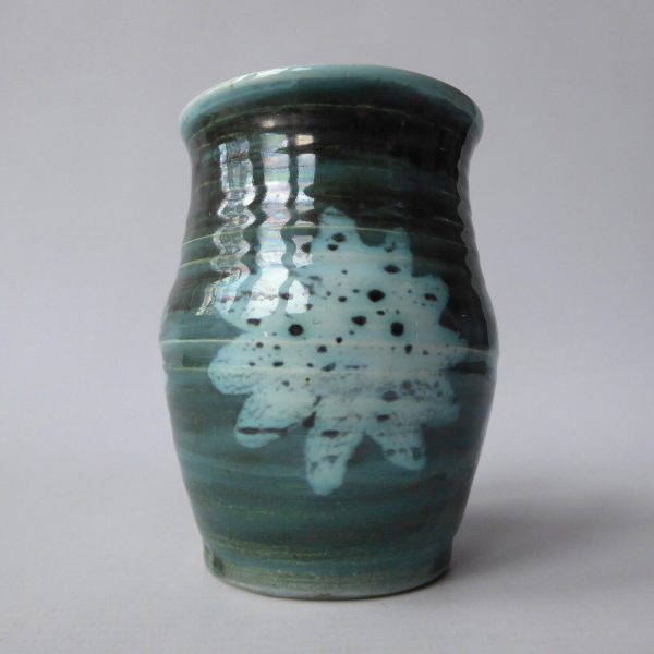 1970s David Sharp Rye Pottery vase, art/studio. Blue green & wax resist flower - Image 5
