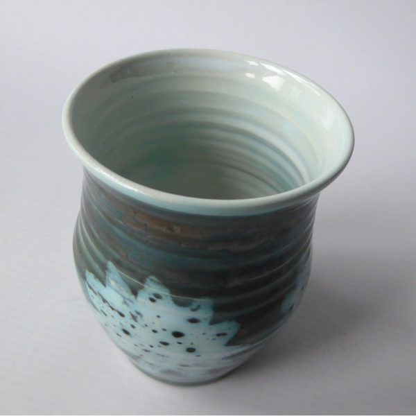1970s David Sharp Rye Pottery vase, art/studio. Blue green & wax resist flower - Image 6