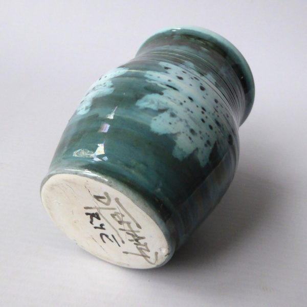 1970s David Sharp Rye Pottery vase, art/studio. Blue green & wax resist flower - Image 7