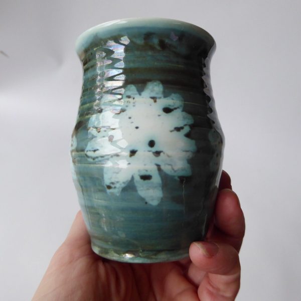 1970s David Sharp Rye Pottery vase, art/studio. Blue green & wax resist flower - Image 10