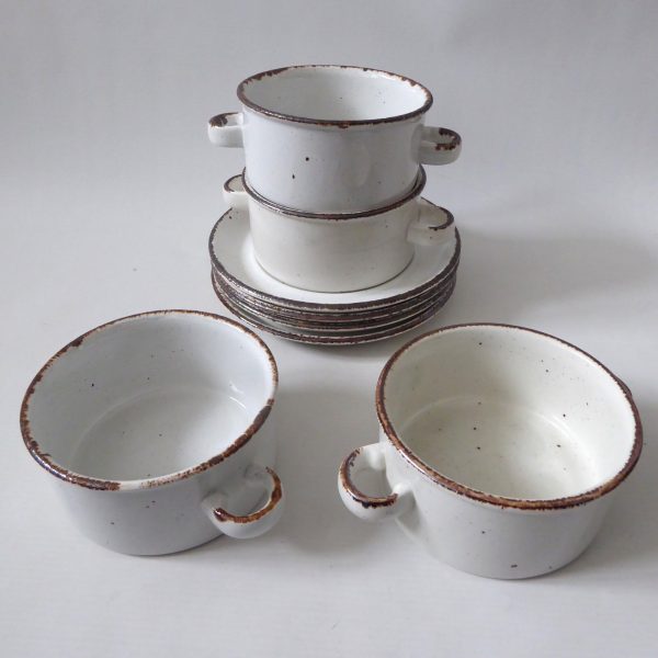 4 Midwinter Creation soup bowls + saucers, 1970s 1980s. Stonehenge pottery cups