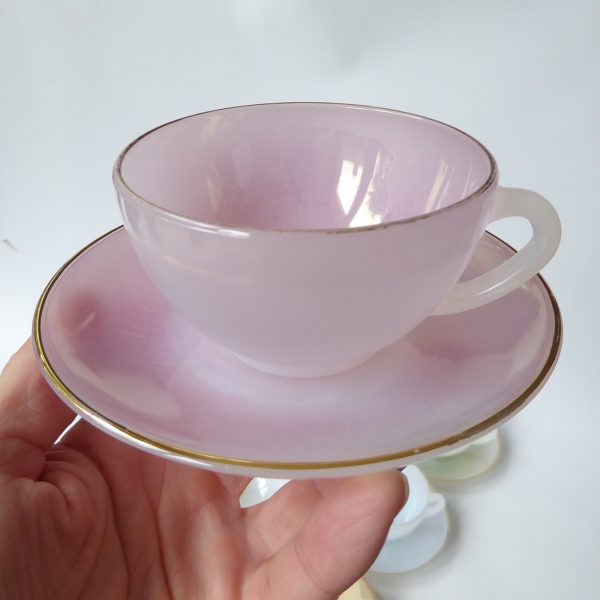 6 vintage Arcopal France glass opalescent Harlequin cups saucers. Pastels opale - Image 12