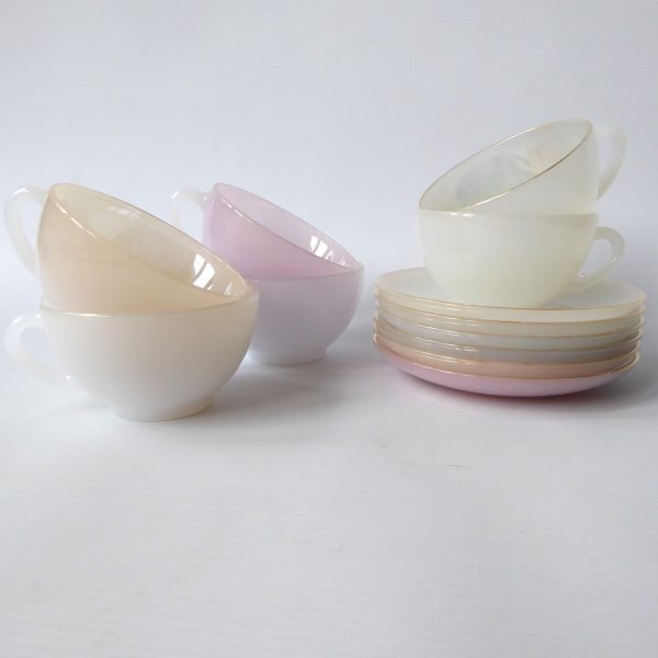 6 vintage Arcopal France glass opalescent Harlequin cups saucers. Pastels opale - Image 14